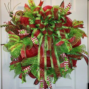 Beautiful Christmas Deco Mesh Green and Red Holiday Wreath